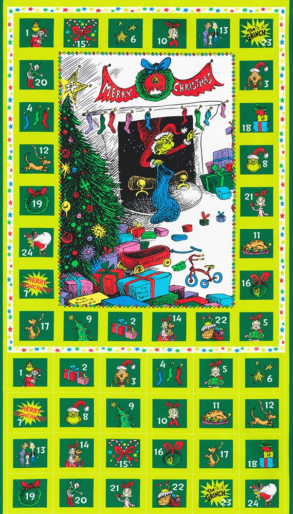 Dr Seuss How the Grinch Stole Christmas Advent Calendar Panel 24" Holiday Green Robert Kaufman Cotton Fabric