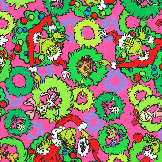 Dr Seuss How the Grinch Stole Christmas Characters Wreaths Candy Pink Robert Kaufman Cotton Fabric