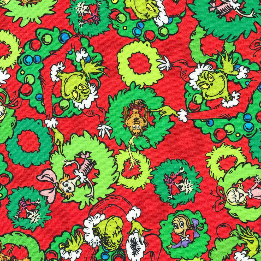 Dr Seuss How the Grinch Stole Christmas Characters Wreaths Holiday Red Robert Kaufman Cotton Fabric