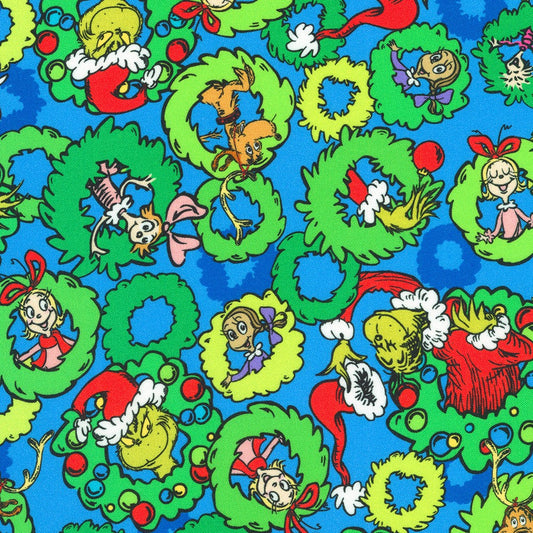 Dr Seuss How the Grinch Stole Christmas Characters Wreaths Winter Blue Robert Kaufman Cotton Fabric