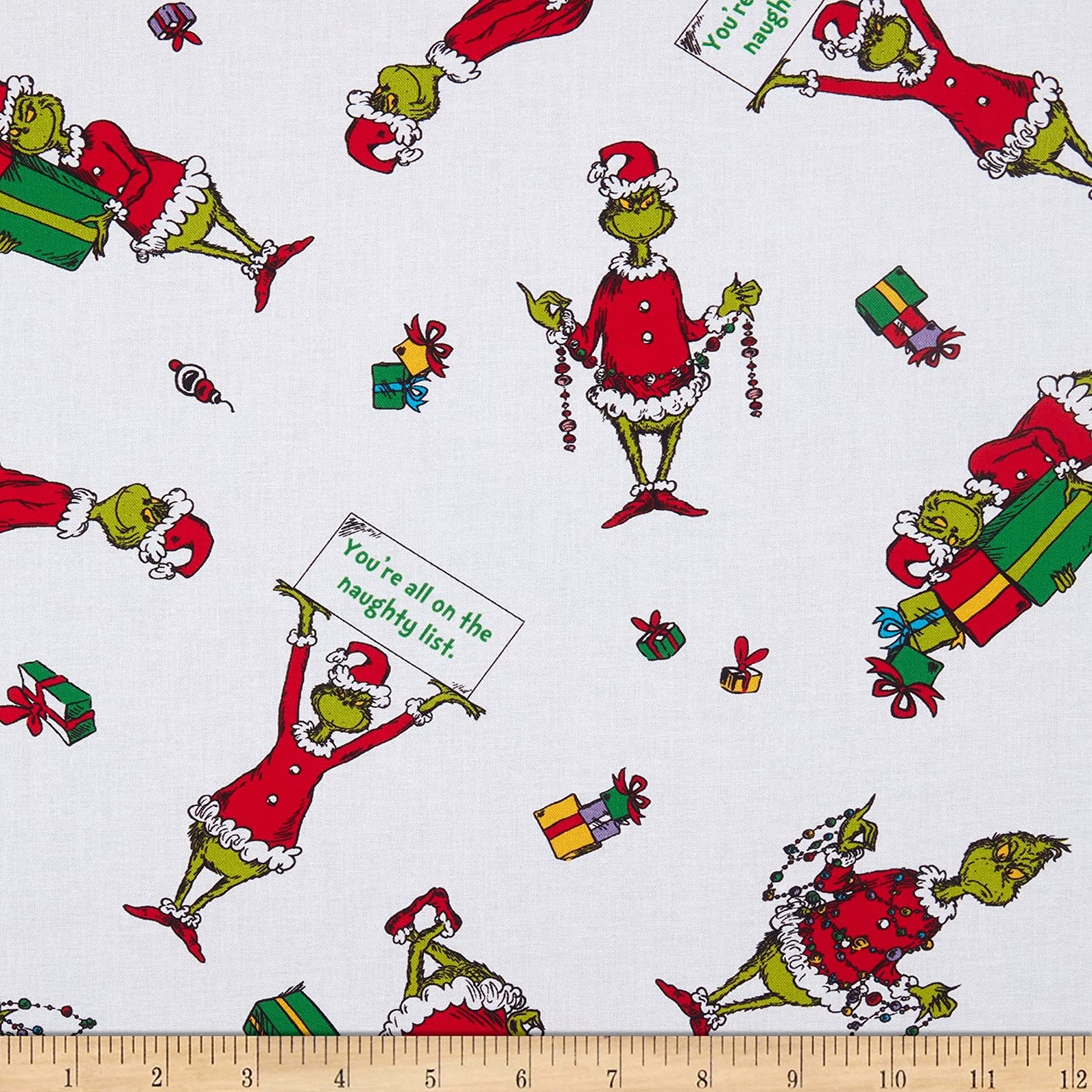 Dr Seuss How the Grinch Stole Christmas Holiday Present Toss White Robert Kaufman Cotton Fabric