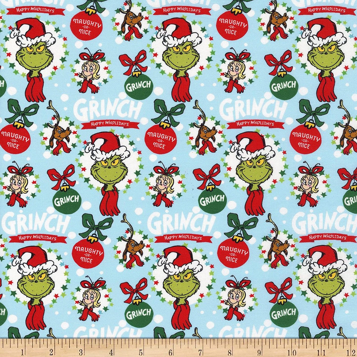 Dr Seuss How the Grinch Stole Christmas Ornaments Blue Robert Kaufman Cotton Fabric