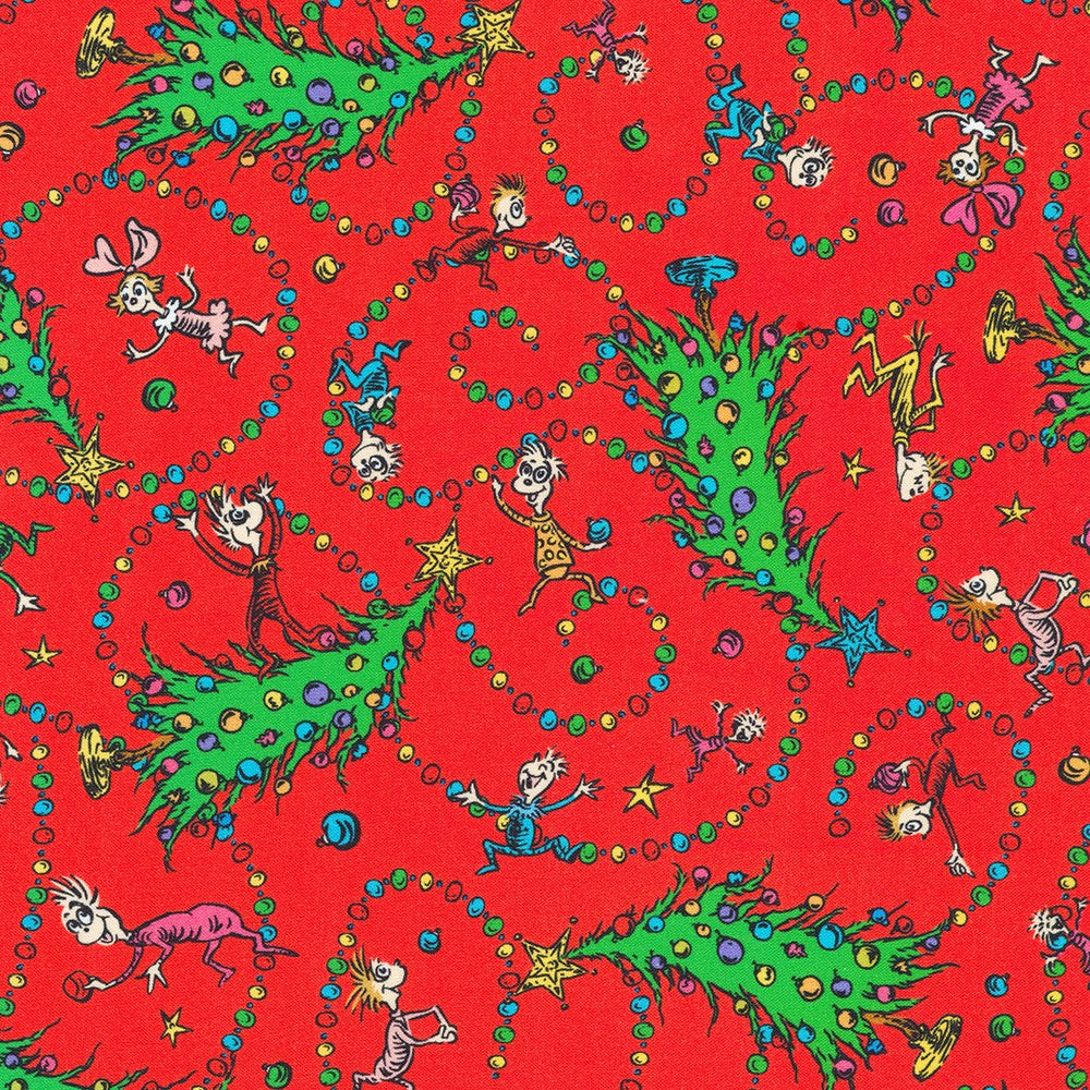 Dr Seuss How the Grinch Stole Christmas Swirl Tree and Balls Holiday Red Robert Kaufman Cotton Fabric