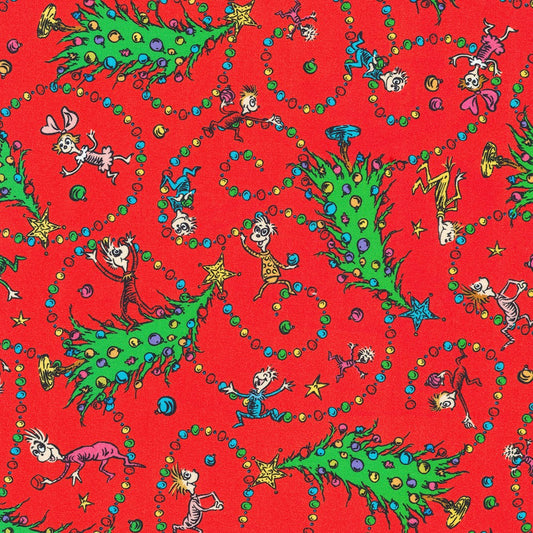 Dr Seuss How the Grinch Stole Christmas Swirl Tree and Balls Holiday Red Robert Kaufman Cotton Fabric