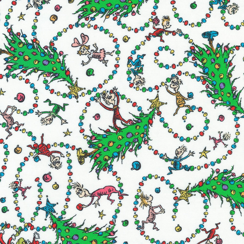 Dr Seuss How the Grinch Stole Christmas Swirl Tree and Balls Candy Cane White R Kaufman Cotton Fabric