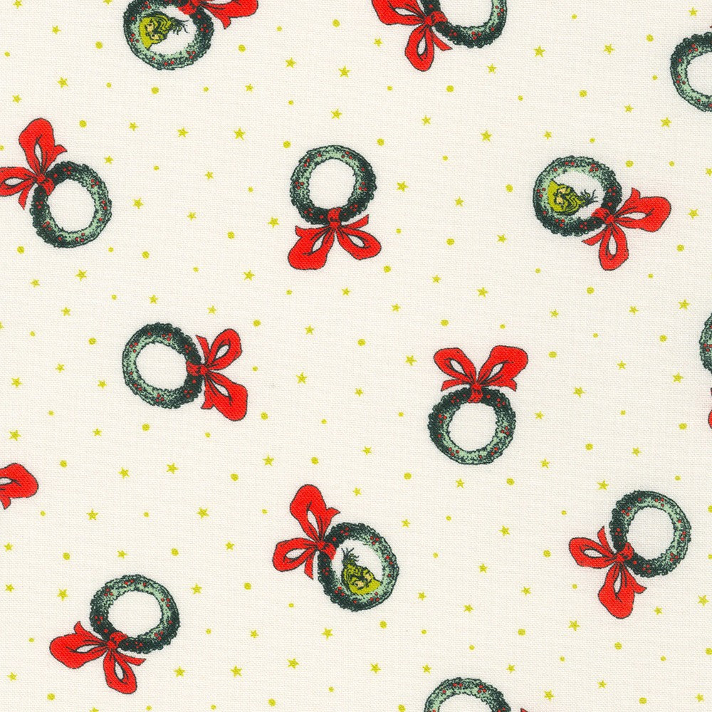 Dr Seuss How the Grinch Stole Christmas Tossed Grinch Wreaths Holiday Cream Robert Kaufman Cotton Fabric