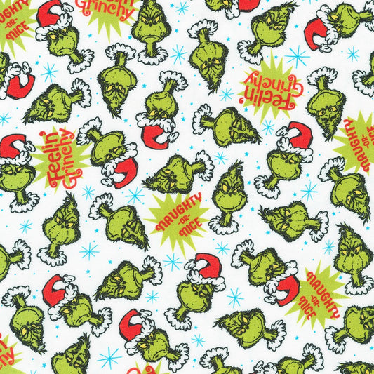 Dr Seuss How the Grinch Stole Christmas Tossed Grinch Candy Cane White Robert Kaufman Cotton Fabric