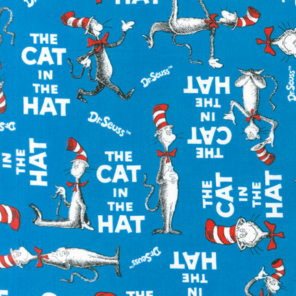 Dr Seuss The Cat a Hat Tossed Cat Words Celebration Blue Robert Kaufman Cotton Fabric