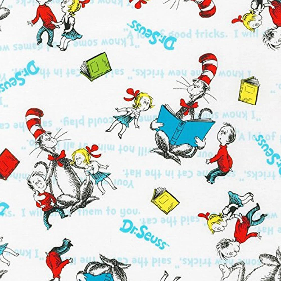 Dr Seuss The Cat a Hat Tossed Characters White Robert Kaufman Cotton Fabric