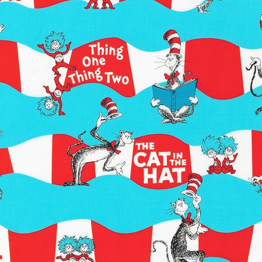 Dr Seuss The Cat a Hat Wiggly Stripe Aqua Blue Robert Kaufman Cotton Fabric