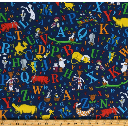 Dr. Seuss ABC Alphabet Books Animals Navy Blue Robert Kaufman Cotton Fabric RK-ADE-74350-9