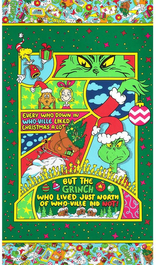 Dr. Seuss How the Grinch Stole Christmas Grinch & Who-ville Panel 24" Holiday Robert Kaufman Cotton Fabric RK-ADED-23097-223