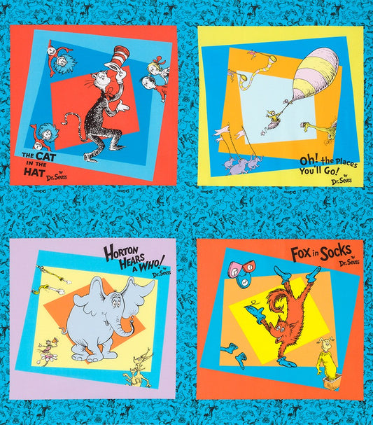 Dr Seuss Celebrate Seuss! Book Block Panel 36" Celebration Blue Robert Kaufman Cotton Fabric