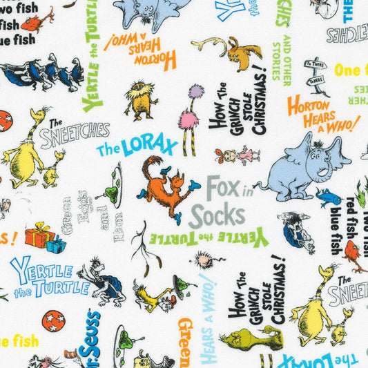 Dr Seuss Celebrate Seuss! Character & Name Toss Celebration White Robert Kaufman Cotton Fabric