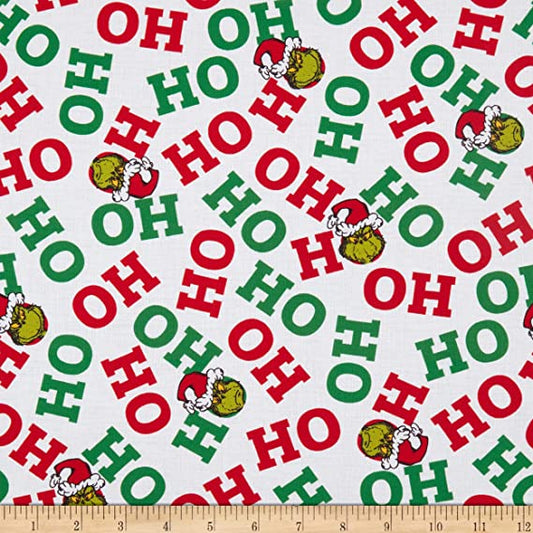 Dr Seuss How the Grinch Stole Christmas Holiday Ho Ho Word Toss White Robert Kaufman Cotton Fabric RK-ADE-20999-223