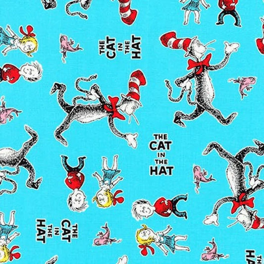 Dr Seuss The Cat in the Hat 4 Characters Aqua Blue Robert Kaufman Cotton Fabric