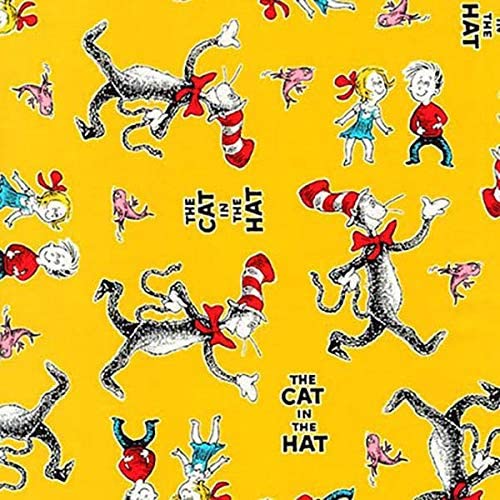 Dr Seuss The Cat the Hat 4 Characters Yellow Robert Kaufman Cotton Fabric