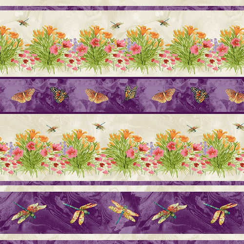 Dragonfly Dance Border Stripe Amethyst Multi Grace Violet Designs Henry Glass Cotton Fabric