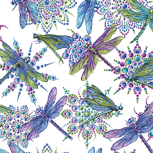 Dragonfly Wonder Small Dragonfly White Multi Ann Lauer Benartex Cotton Fabric BE-16401-09