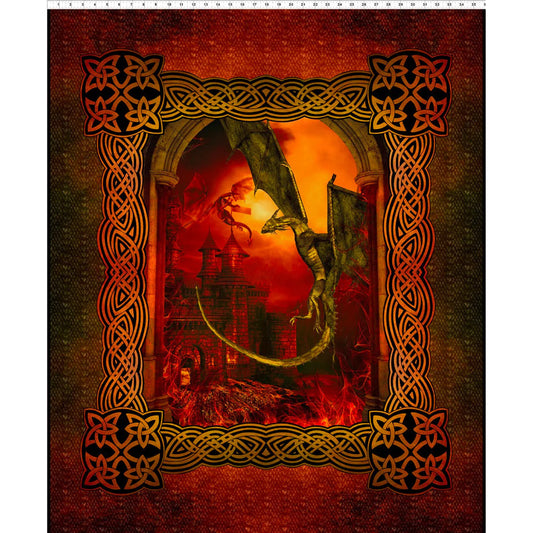 Dragons Large Castle Panel 36" Red Multi Jason Yenter The Beginning Cotton fabric