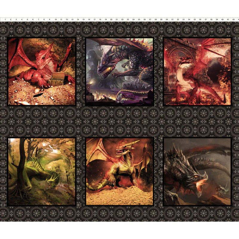 Dragons Six Blocks Panel 36" Green Jason Yenter The Beginning Cotton fabric