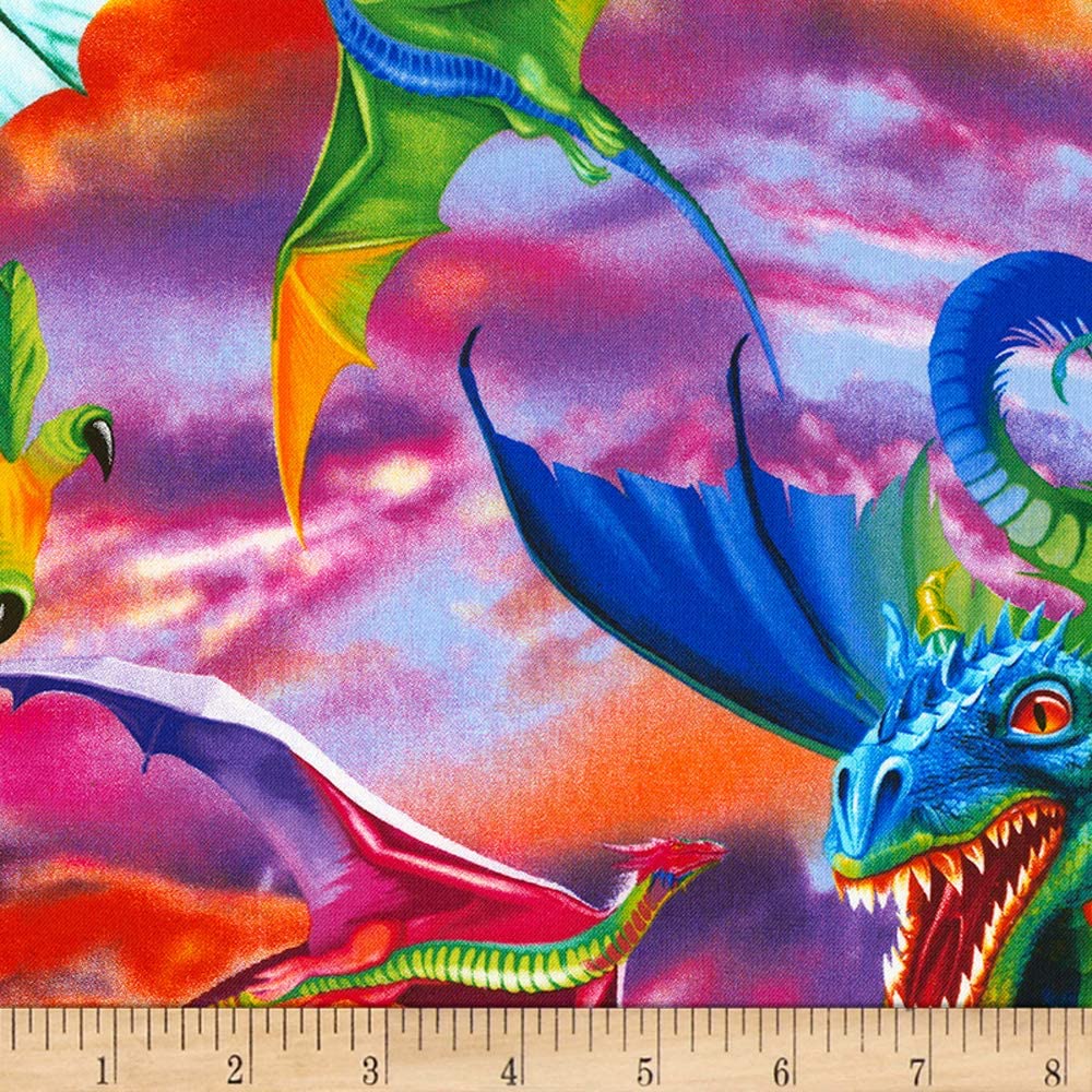 Dragons Rainbow Bright Colors allover Michael Searle Timeless Treasures Cotton Fabric