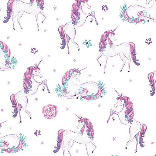 Dreamers Unicorn White Jessica Flick Benartex Cotton Fabric BE-13410P-09