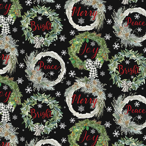 Dreaming of a Farmhouse Christmas Snow Wreath Black Carol Robinson 3 Wishes Cotton Fabric