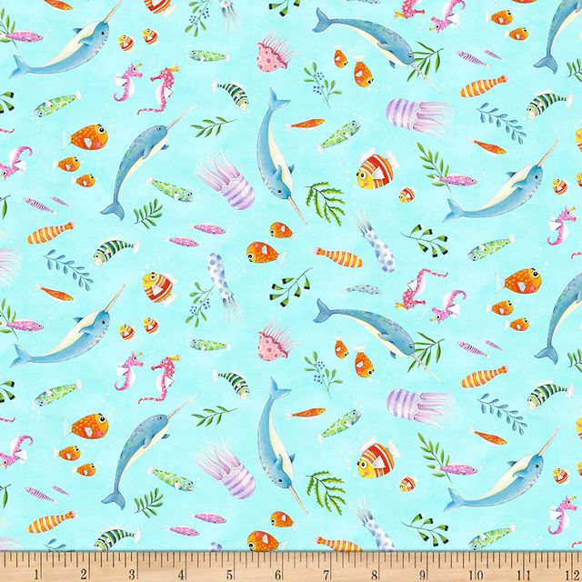 Little Mermaids Tossed Sea Creatures Soft Blue Elizabeth's Studio Cotton Fabric | US Fabric Shop