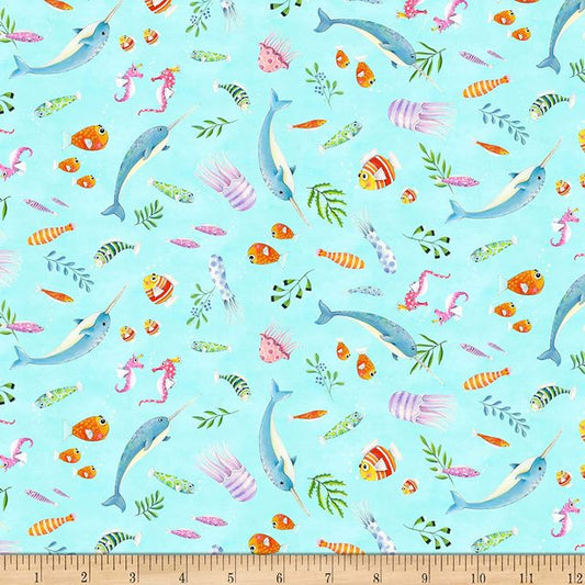 Little Mermaids Tossed Sea Creatures Soft Blue Elizabeth's Studio Cotton Fabric