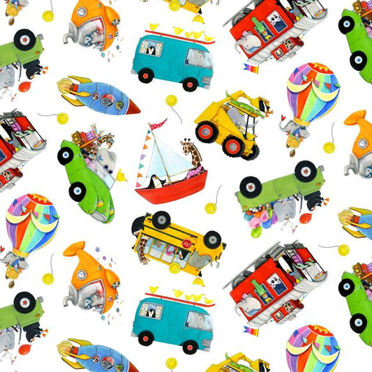 Let's Take a Ride Car Boat Bus Toss White Nicole den Bosch Elizabeth's Studio Cotton Fabric