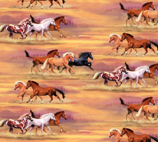 Horses Running Scenic Running the Sun Elizabeth's Studio Cotton Fabric