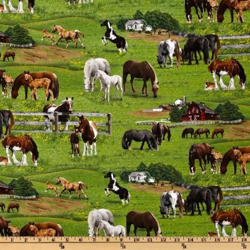 Horses Grazing Green Grass Field Farm Animals Elizabeth's Studio Cotton Fabric