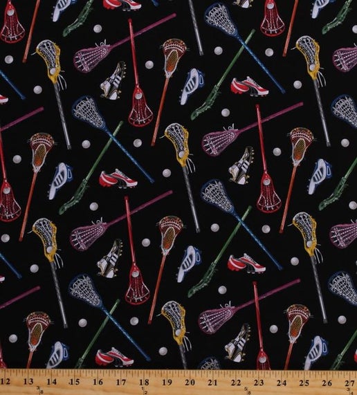 Sports Lacrosse Sticks and Balls Black Elizabeth's Studio Cotton Fabric