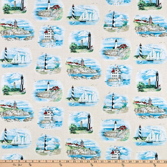 Beacons of Light Lighthouses Allover Cream Paul Brent Elizabeth's Studios Cotton Fabric