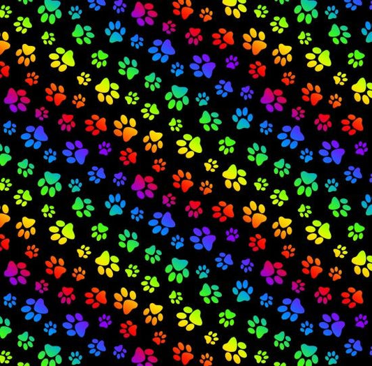 Paw Prints Rainbow Black Elizabeth's Studio Cotton Fabric