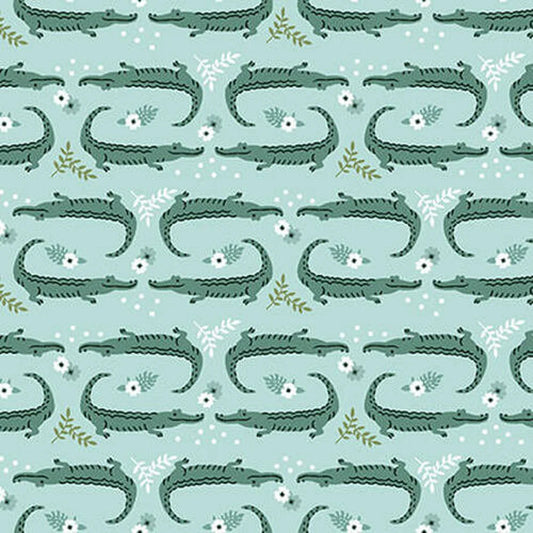 Earth Day Every Day Alligator Aqua Blue Green Victoria Borges Studio E Cotton Fabric