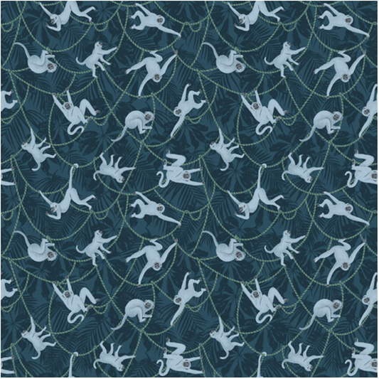 Earth Day Every Day Tossed Monkeys Dark Peacock Blue Green Victoria Borges Studio E Cotton Fabric