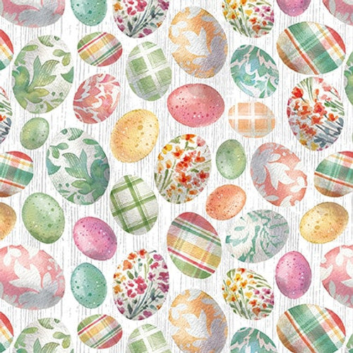 Easter Wishes Eggs White Silas M. Studio Blank Quilting Cotton Fabric