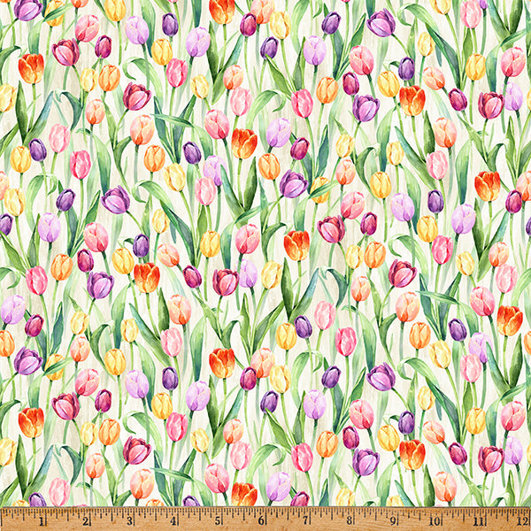 Easter Wonder Packed Tulips Vanilla Cream Hoffman Fabric Cotton Fabric
