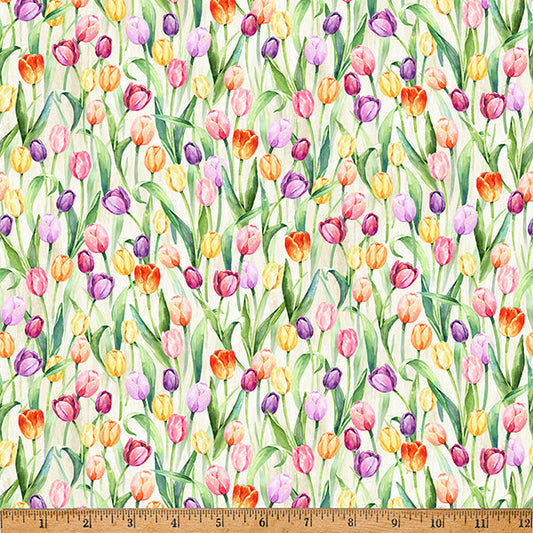 Easter Wonder Packed Tulips Vanilla Cream Hoffman Fabric Cotton Fabric