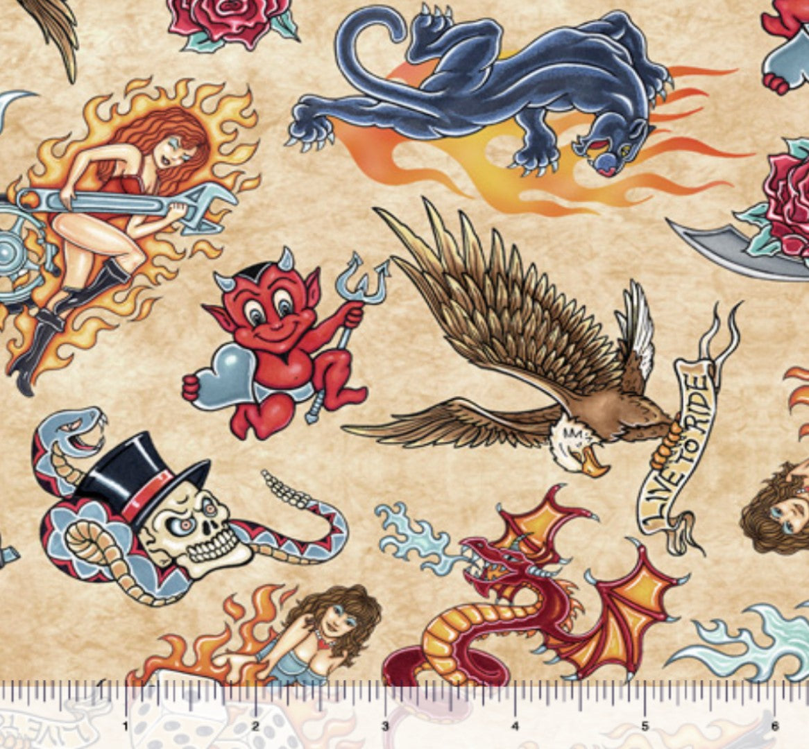 Easy Rider Tattoo Toss Cream Quilting Treasures Cotton Fabric | US Fabric Shop