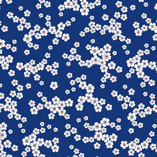 Anthem Spaced Floral Dark Blue Satin Moon Designs Blank Quilting Cotton Fabric