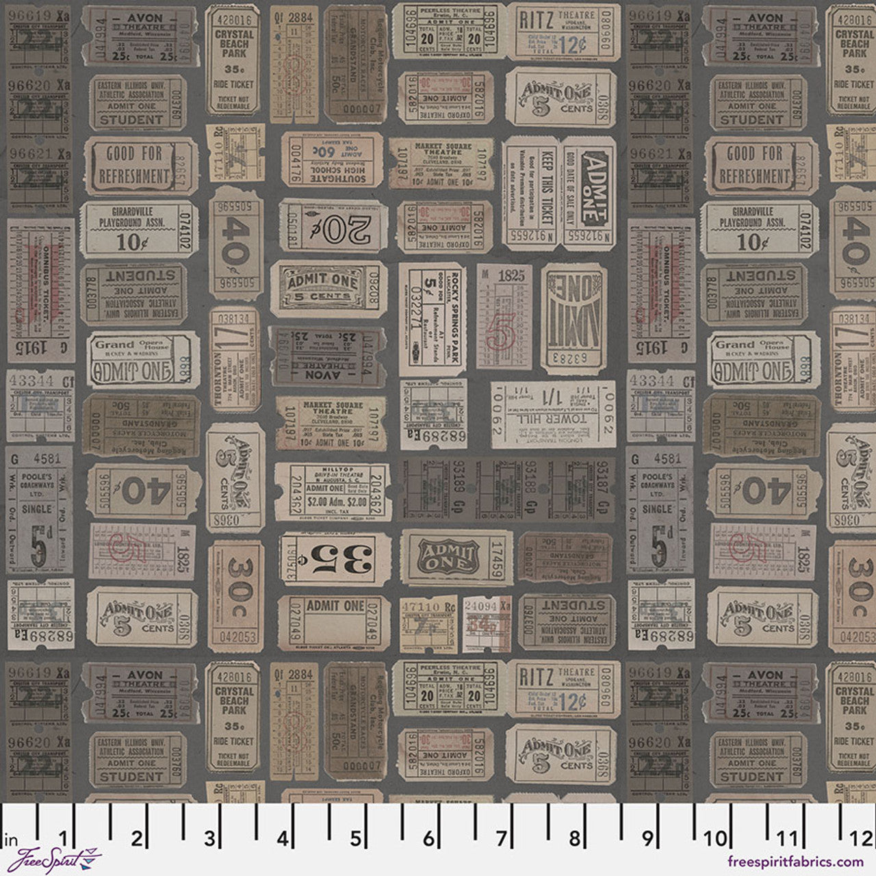 Eclectic Elements Charcoal Palette Tickets Charcoal Tim Holtz Free Spirit Cotton Fabric FS-PWTH312.CHARCOAL