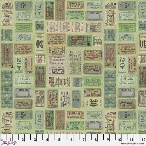 Eclectic Elements Green Palette Tickets Green Tim Holtz Free Spirit Cotton Fabric FS-PWTH262.GREEN