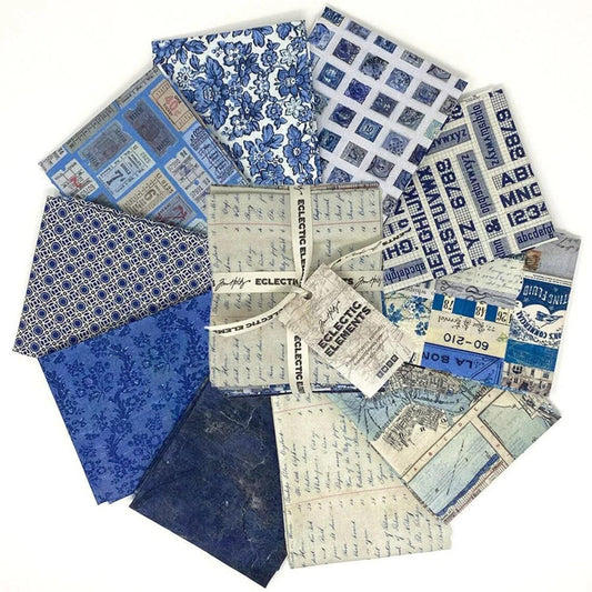 Eclectic Elements Indigo Palette Fat Quarter Bundle 18"x21" 10pcs designed Tim Holtz Free Spirit Cotton Fabric FS-FB4FQTH.INDIGO