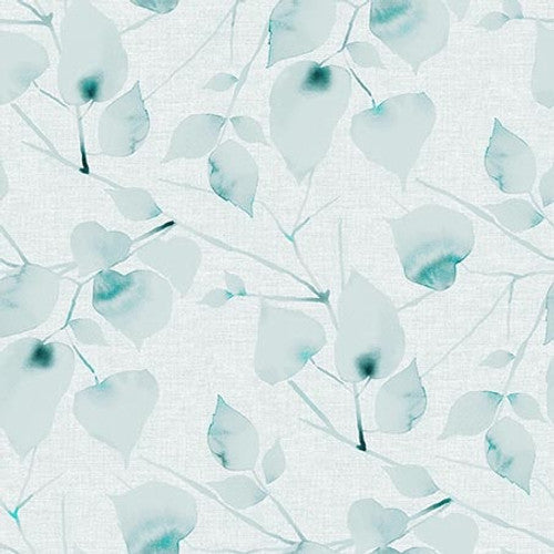 Eden 108" Wide back Water Color Leaves Cloud Light Blue Satin Moon Designs Blank Quilting Cotton Fabric BQ-3502-62