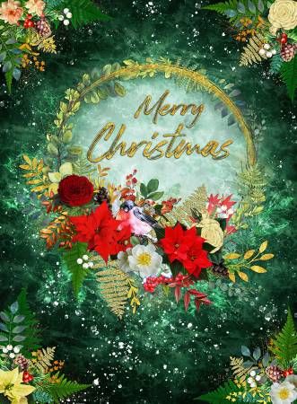 Emerald Puttin' on the Glitz Merry Christmas Panel 24" Hoffman Cotton Fabric