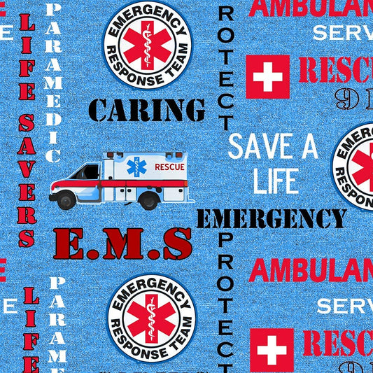 Emergency Response EMS Ambulance Rescue 911 Heather Blue Sykel Cotton Fabric