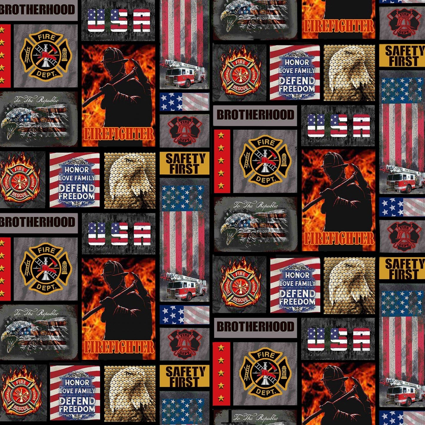 Firefighter New Block US Flag Fireman Badge Eagle Sykel Cotton Fabric